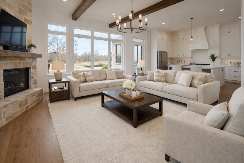 Comfortable, tidy living room with a fireplace after a professional housekeeping visit